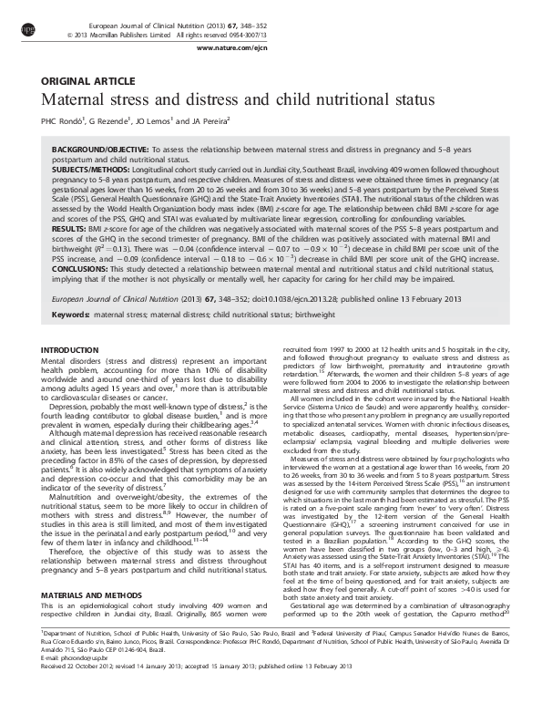 (PDF) Maternal stress and distress and child nutritional status