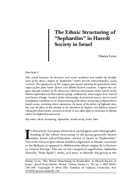 (PDF) Nissim Leon, “The Ethnic Structuring of ‘Sephardim’ in Haredi ...