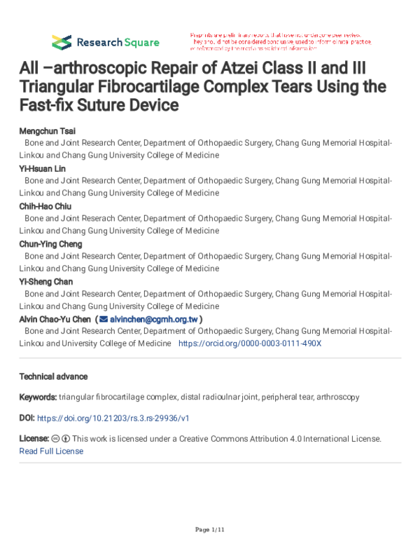 (PDF) All –arthroscopic Repair of Atzei Class II and III Triangular ...