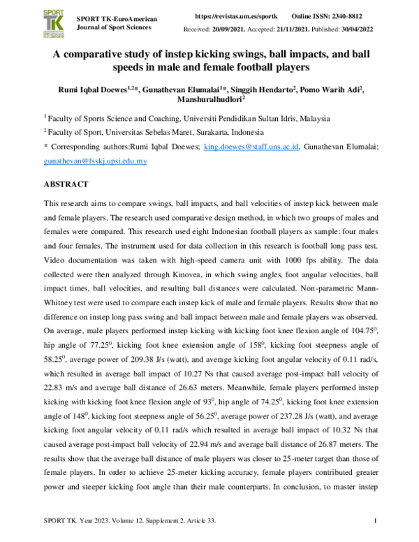(PDF) A comparative study of instep kicking swings, ball impacts, and ...