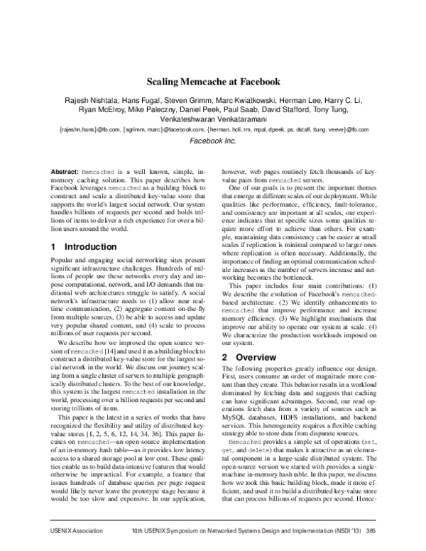 Pdf Scaling Memcache At Facebook