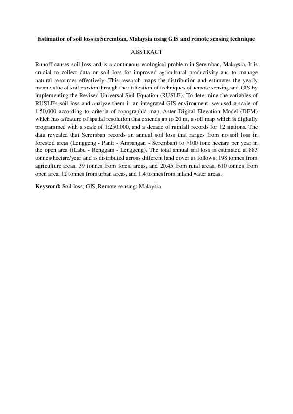 (PDF) Estimation of soil loss in Seremban, Malaysia using GIS and ...