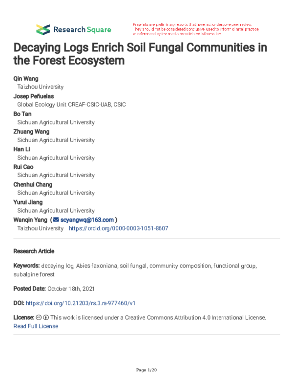 (PDF) Decaying Logs Enrich Soil Fungal Communities in the Forest Ecosystem