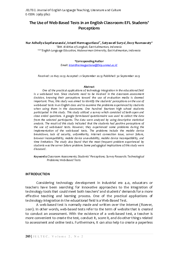 (PDF) The Use of Web-Based Tests in an English Classroom: EFL Students ...