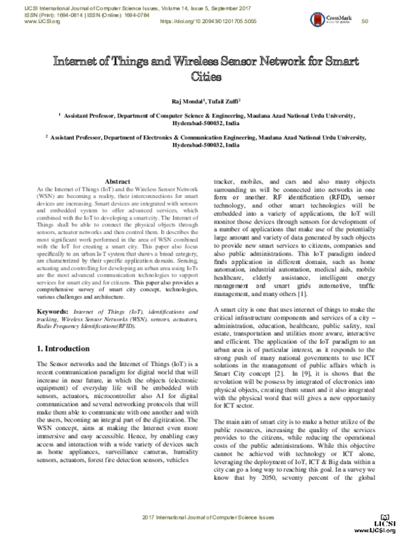 (PDF) Internet of Things and Wireless Sensor Network for Smart Cities