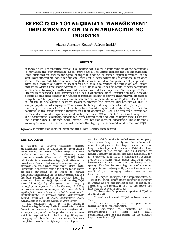 (PDF) Effects of total quality management implementation in a ...