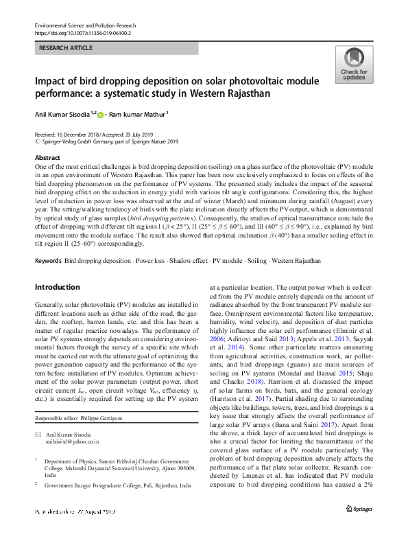 (PDF) Impact of bird dropping deposition on solar photovoltaic module ...