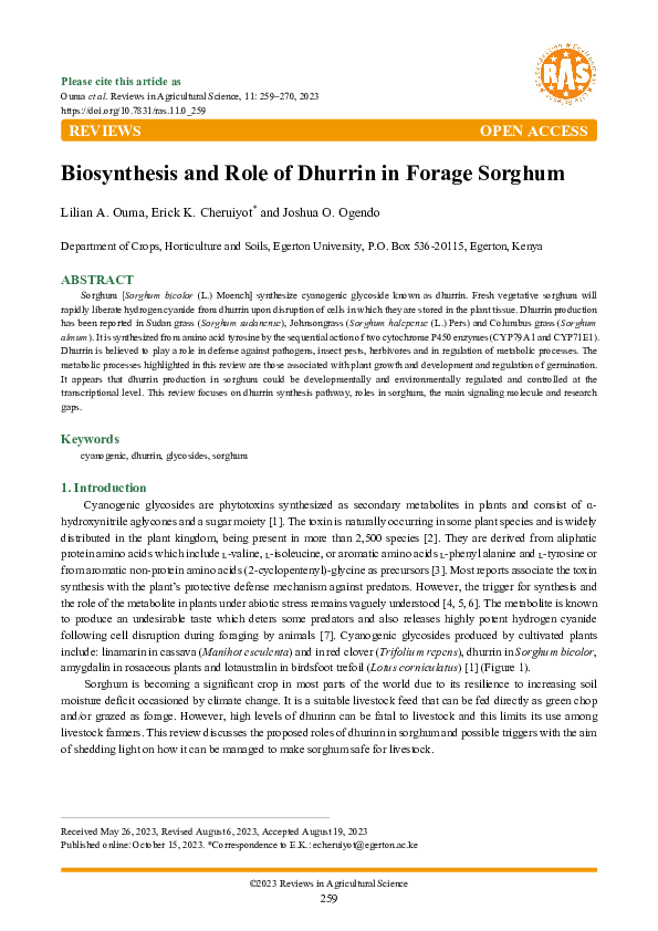 (PDF) Biosynthesis and Role of Dhurrin in Forage Sorghum