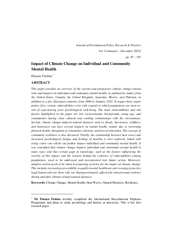 (PDF) Impact of Climate Change on Individual and Community Mental Health