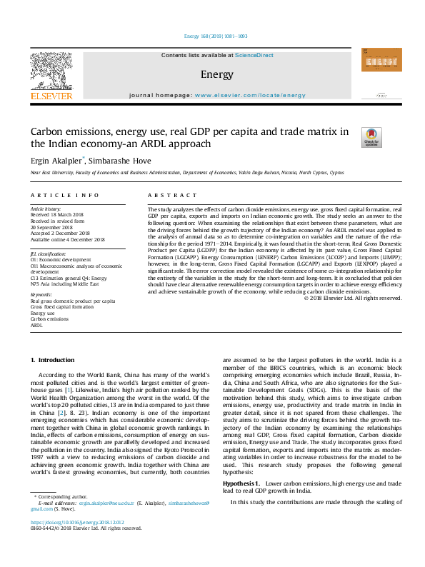(PDF) Carbon emissions, energy use, real GDP per capita and trade ...