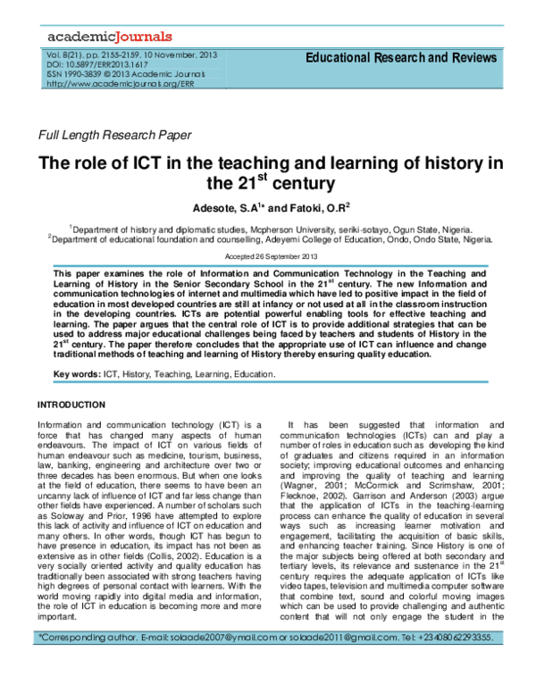 (PDF) The Role of ICT in the Teaching and Learning of History in the ...