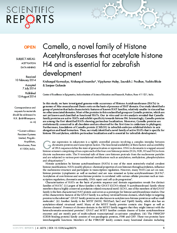 (PDF) Camello, a novel family of Histone Acetyltransferases that ...