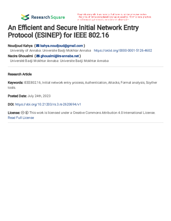 (PDF) An Efficient and Secure Initial Network Entry Protocol (ESINEP ...