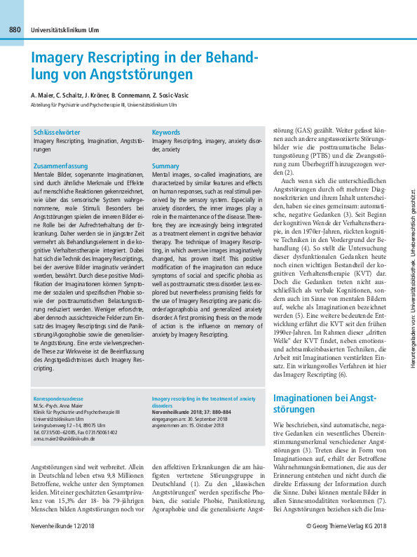 (PDF) Imagery Rescripting in der Behandlung von Angststörungen