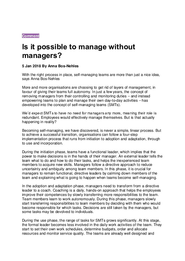 (PDF) Is it possible to manage without managers? : With the right ...