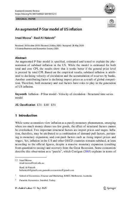 (PDF) An augmented P-Star model of US inflation