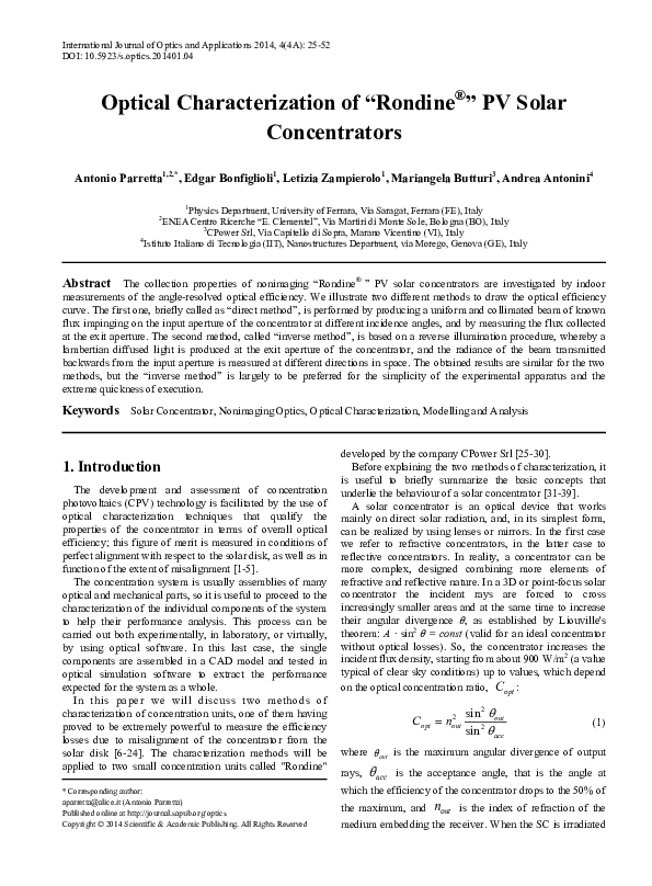 (PDF) Optical Characterization of “Rondine ® ” PV Solar Concentrators