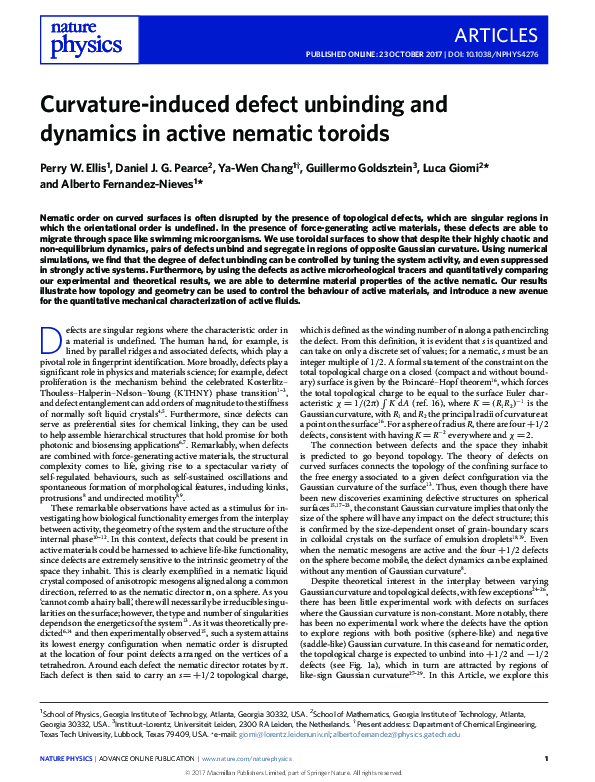 (PDF) Curvature-induced defect unbinding and dynamics in active nematic ...