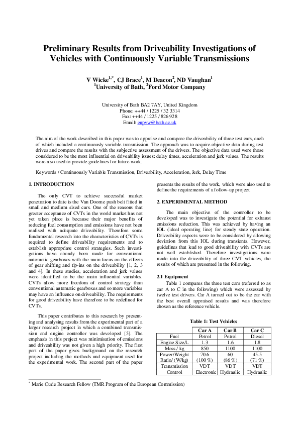 (PDF) Preliminary Results from Driveability Investigations of Vehicles ...