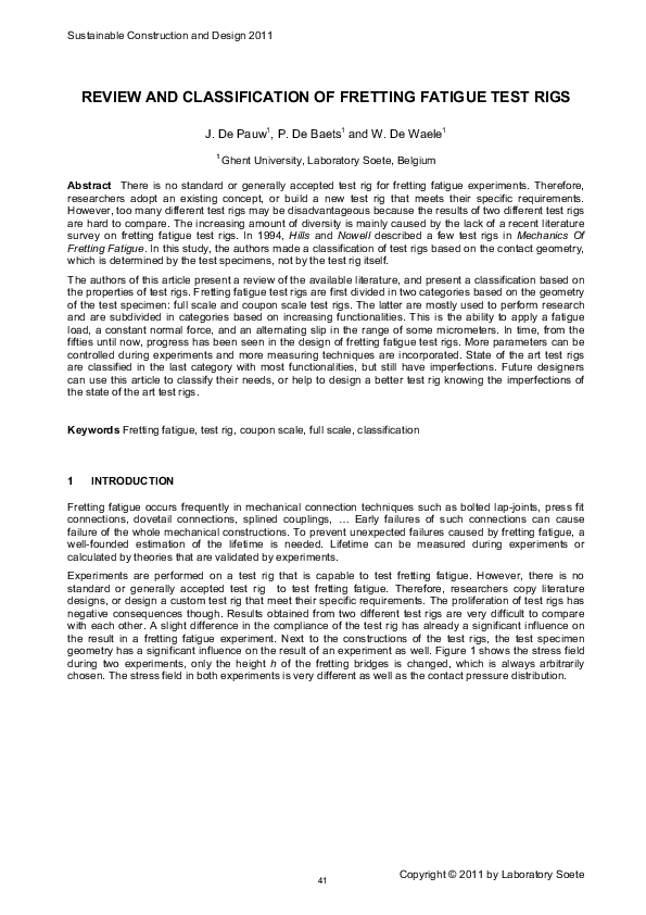 (PDF) Review and classification of fretting fatigue test rigs