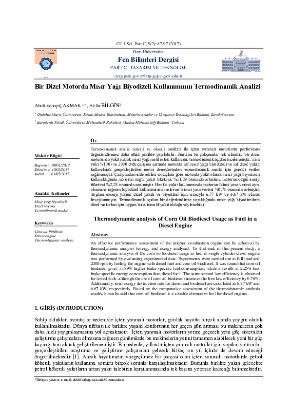(PDF) Thermodynamic analysis of Corn Oil Biodiesel Usage as Fuel in a ...