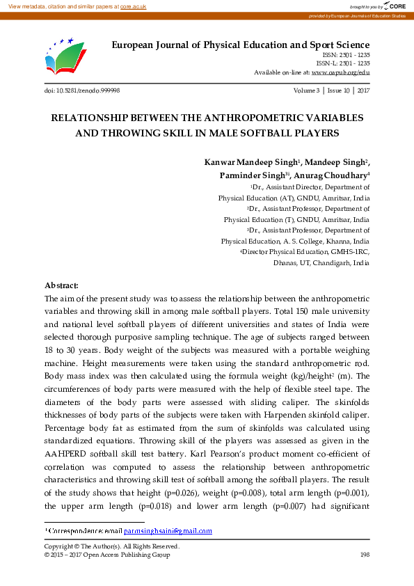 (PDF) Relationship Between the Anthropometric Variables and Throwing ...