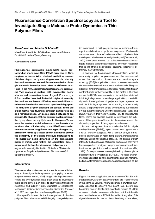 (PDF) Fluorescence Correlation Spectroscopy as a Tool to Investigate ...