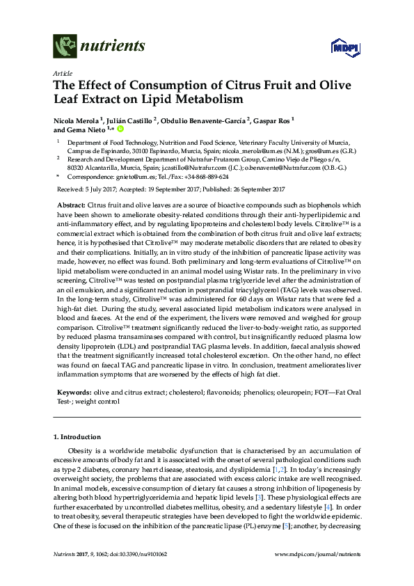 (PDF) The Effect of Consumption of Citrus Fruit and Olive Leaf Extract ...