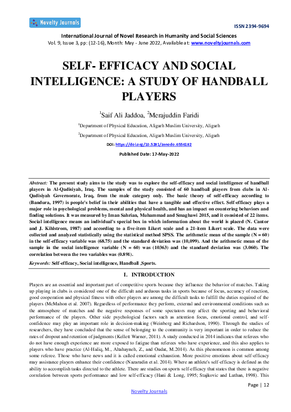 (PDF) Self- Efficacy and Social Intelligence: A Study of Handball Players