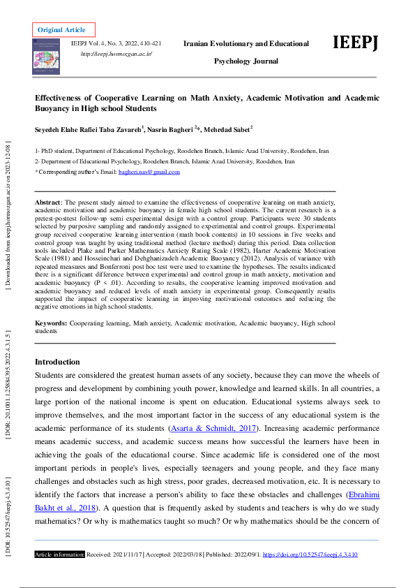 (PDF) Effectiveness of Cooperative Learning on Math Anxiety, Academic ...