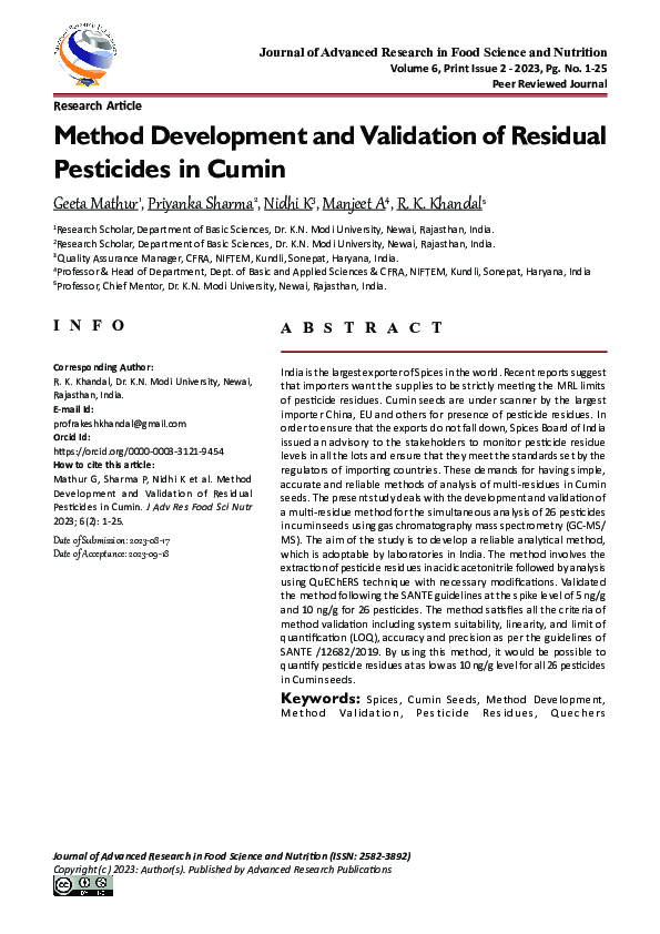 (PDF) Method Development and Validation of Residual Pesticides in Cumin