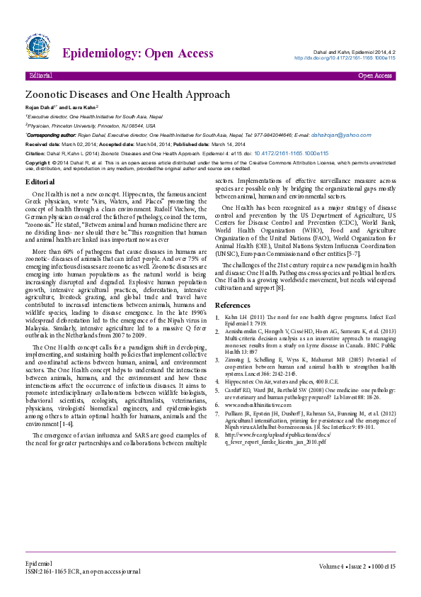 (PDF) Zoonotic Diseases and One Health Approach