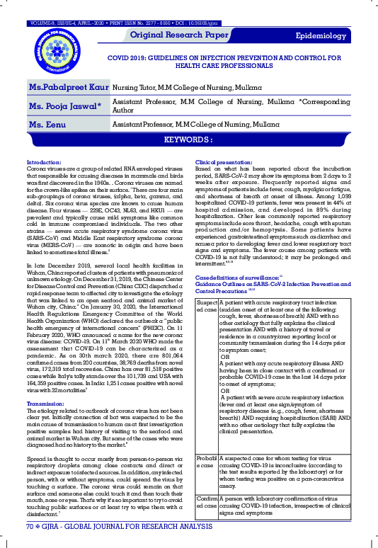 (PDF) COVID 2019: Guidelines on infection prevention and control for ...