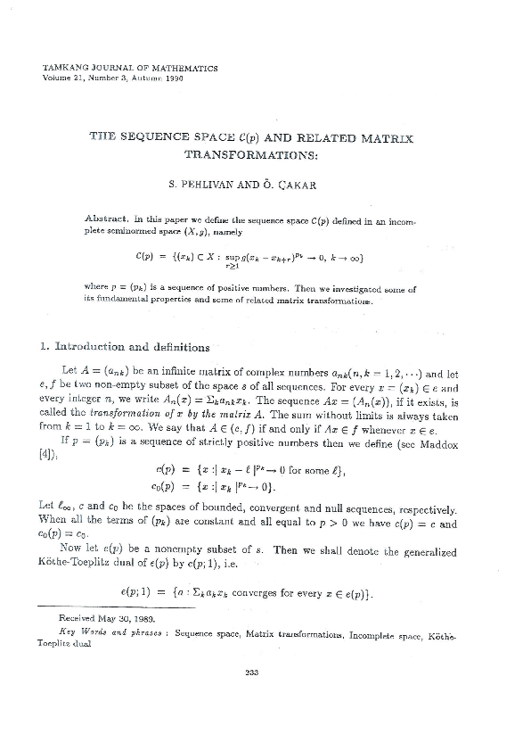 (PDF) THE SEQUENCE SPACE $\mathcal C(p)$ AND RELATED MATRIX TRANSFORMATIONS