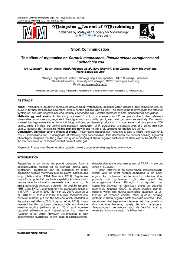(PDF) The effect of tryptamine on Serratia marcescens, Pseudomonas ...