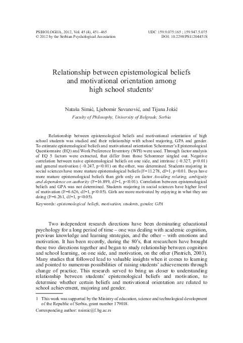 (PDF) Relationship between epistemological beliefs and motivational ...