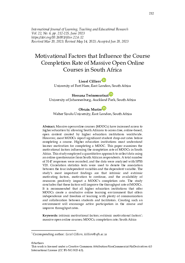 (PDF) Motivational Factors that Influence the Course Completion Rate of ...