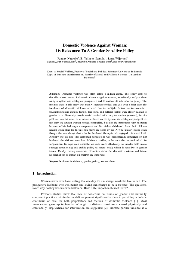 (PDF) Domestic Violence Against Woman: Its Relevance To A Gender ...