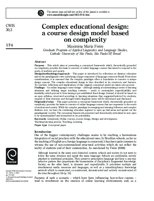 (PDF) Complex educational design: a course design model based on complexity