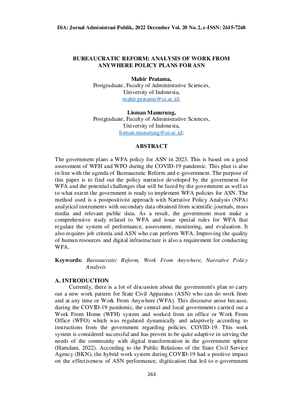 (PDF) Bureaucratic Reform: Analysis of Work from Anywhere Policy Plans ...
