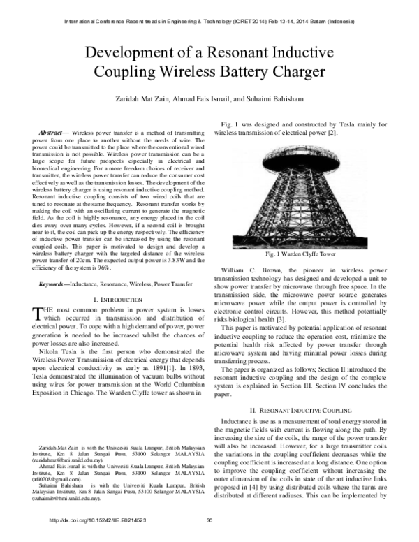 (PDF) Development of a Resonant Inductive Coupling Wireless Battery Charger