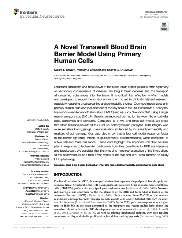 (PDF) A Novel Transwell Blood Brain Barrier Model Using Primary Human Cells