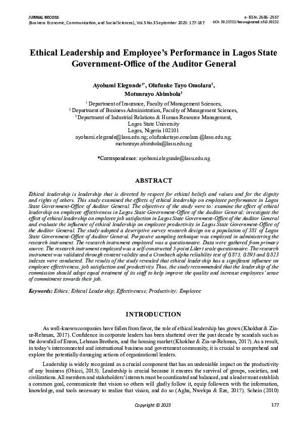 (PDF) Ethical Leadership and Employee’s Performance in Lagos State ...