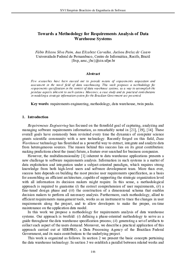 (PDF) Towards a Methodology for Requirements Analysis of Data Warehouse ...