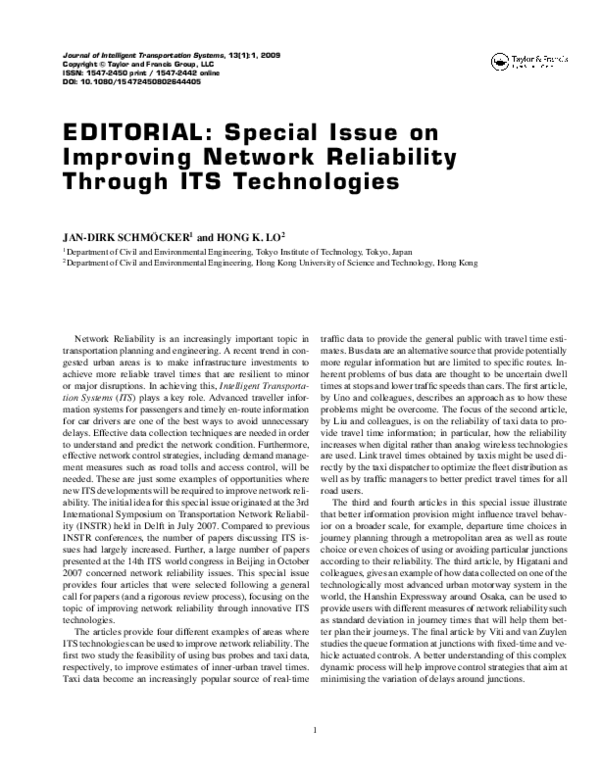 (PDF) Special Issue on Improving Network Reliability Through ITS ...