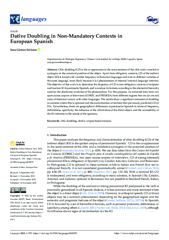 (PDF) Dative Doubling in Non-Mandatory Contexts in European Spanish