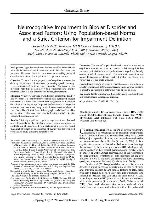 (PDF) Neurocognitive Impairment in Bipolar Disorder and Associated ...