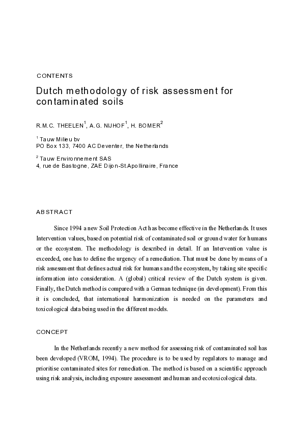 (PDF) Dutch methodology for risk assessment of contaminated soils