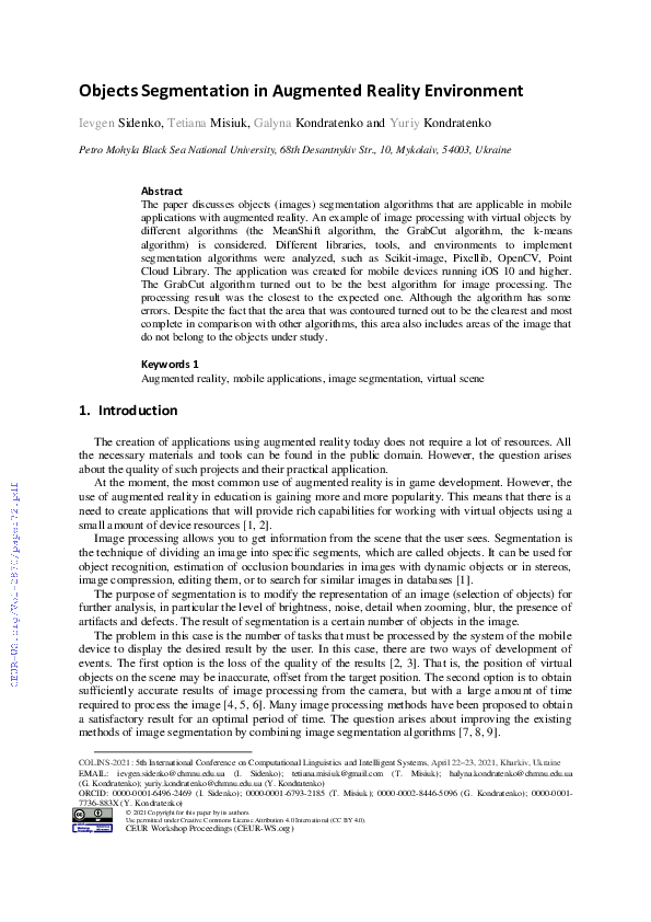 (PDF) Objects Segmentation in Augmented Reality Environment