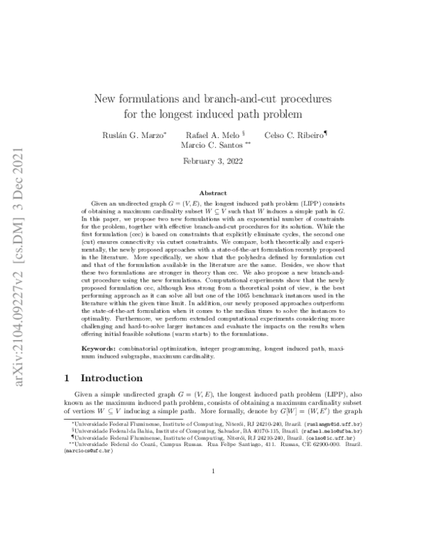 (PDF) New formulations and branch-and-cut procedures for the longest ...